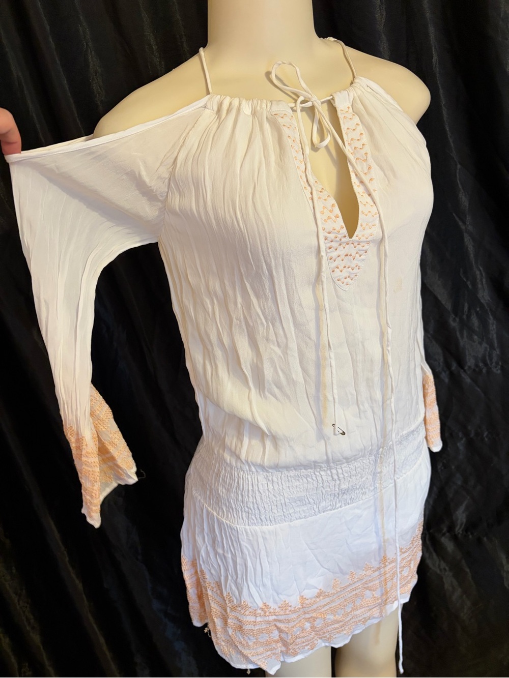 Anthropologie Chloe Oliver White Peasant Tunic Dress with Peach Embroidery